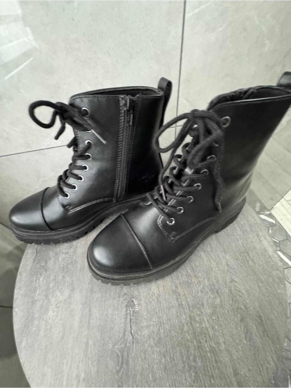 SO Black Lace-Up Side-Zip Combat Boots for Women